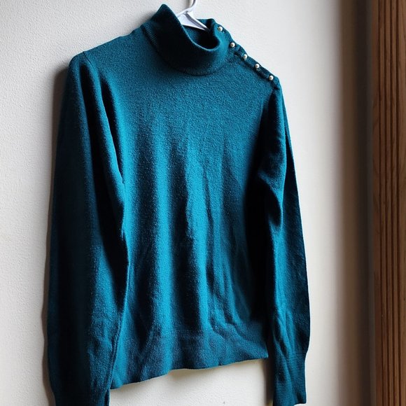 Heathcote Vintage Aqua Mock Neck Pearl Button Sweater Size 38/Large - Picture 5 of 16
